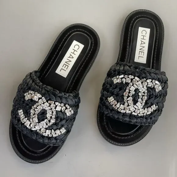 Chanel Black Raffia Sandals With Crystal Embellishments CC Logo 36C - Picture 14 of 14